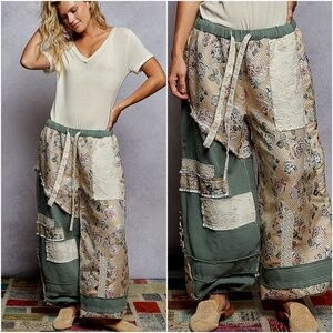POL Floral Print Patchwork Stretchy Waist Color Block Jogger pants